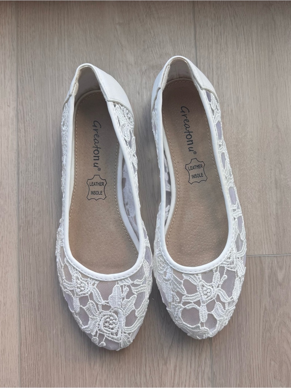 greatonu white lace leather ballet flats